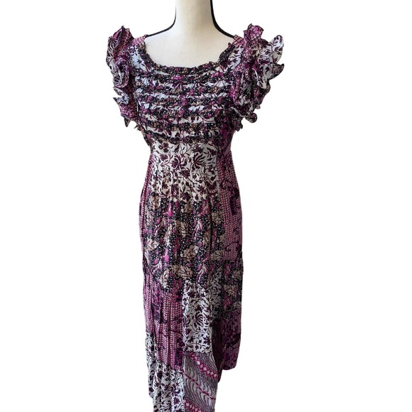 Ulla Johnson Zoya Ruffle Trim Ikat Midi Patchwork Dress Size 8 - Picture 4 of 11